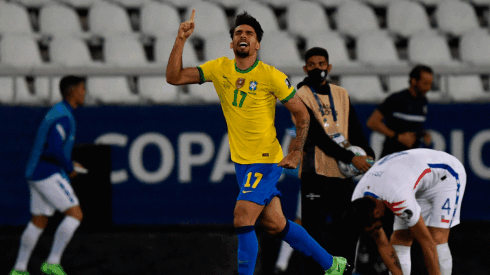 Festejo de gol de Lucas Paquetá, de Brasil.