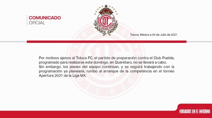 Así comunicó Toluca la suspensión del partido. (@TolucaFC)