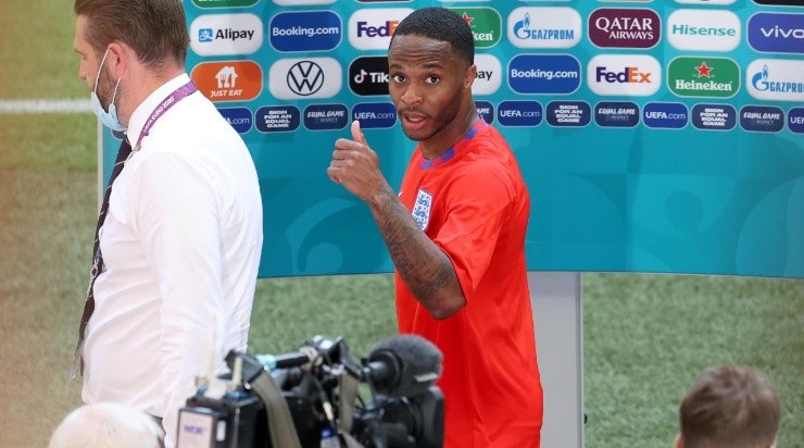 : Raheem Sterling of England gestures after a TV Interview after the UEFA Euro 2020 (Getty)