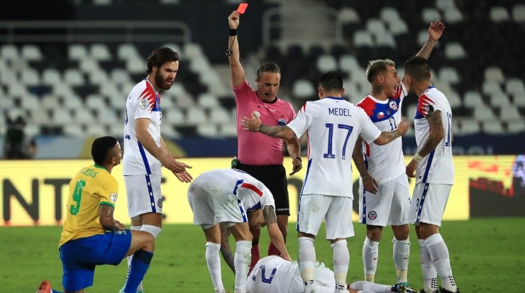 Gabriel Jesus immediately saw the red card for a dangerous challenge on Eugenio Mena. (Getty)