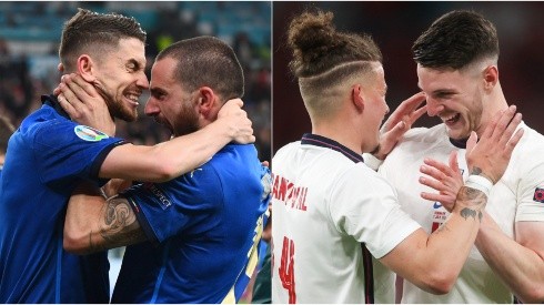 Jorginho and Bonucci of Italy (left), and Phillips and Rice of England (right). (Getty)