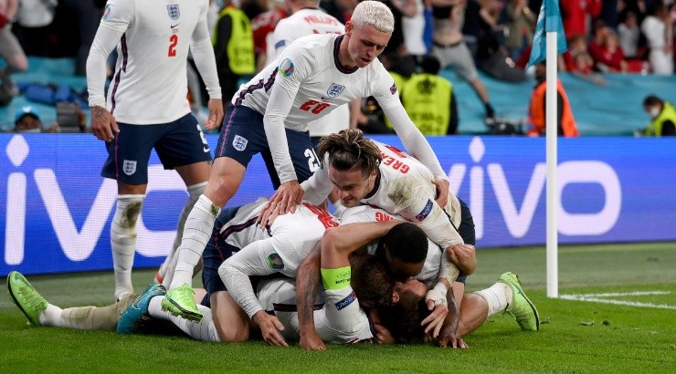 England player celebrate a goal against Denmark. (Getty)