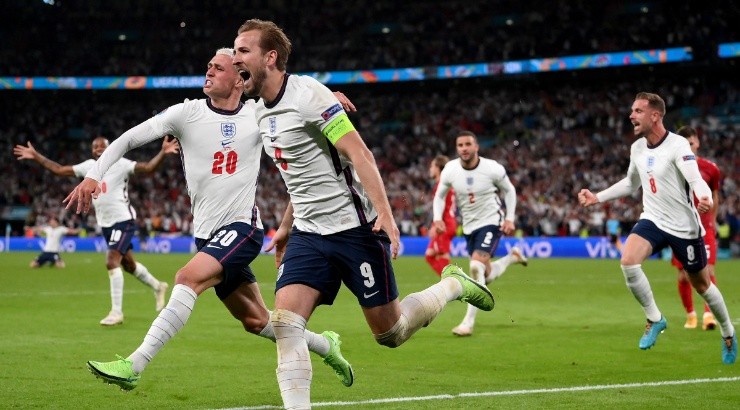 Harry Kane of England celebrates after scoring against Denmark. (Getty)