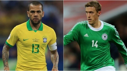 Dani Alves of Brazil (left) and Max Kruse of Germany (right). (Getty)