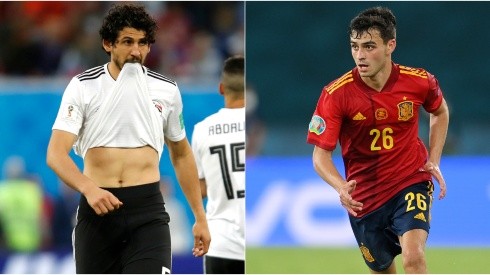 Ahmed Hegazy of Egypt (left) and Pedri of Spain (right). (Getty)