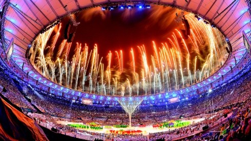 Fireworks explode at the end of the closing ceremony of the Rio 2016 Olympic Games. (Getty)