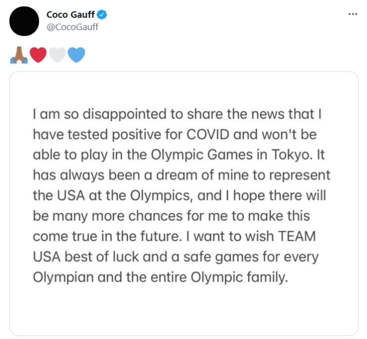 Coco Gauff announced on Twitter she would miss Tokyo 2020.