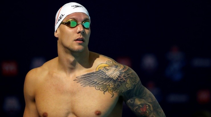 Caeleb Dressel looks on before competing. (Getty)