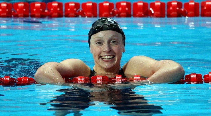 Katie Ledecky of the United States celebrates winning the gold medal at the World Championships. (Getty)