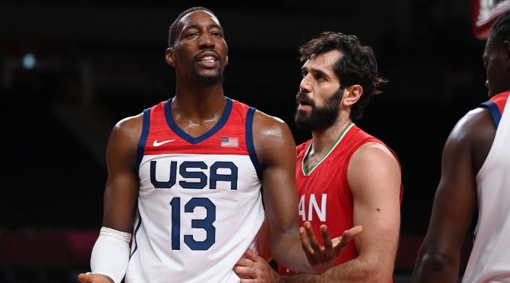 Bam Adebayo (left) of the United States reacts to a call against Iran. (Getty)