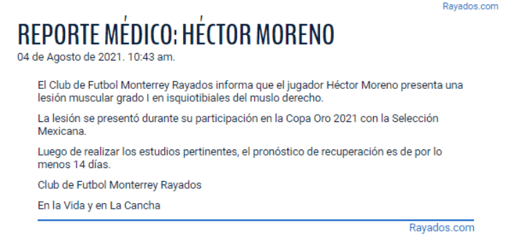 Reporte oficial sobre Héctor Moreno (Rayados.com)