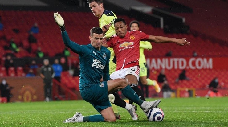 Anthony Martial of Manchester United has a shot saved by Karl Darlow of Newcastle United (Getty)