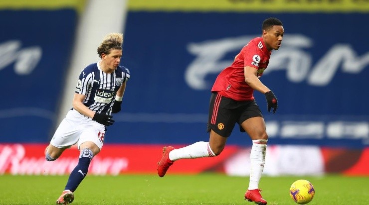 Anthony Martial of Manchester United is chased by Conor Gallagher of West Bromwich Albion (Getty)
