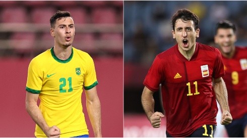 Gabriel Martinelli of Brazil (left) and Mikel Oyarzabal of Spain. (Getty)