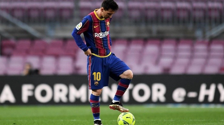 Lionel Messi of FC Barcelona looks dejected during the La Liga Santander match between FC Barcelona and RC Celta at Camp Nou on May 16, 2021 (Getty)