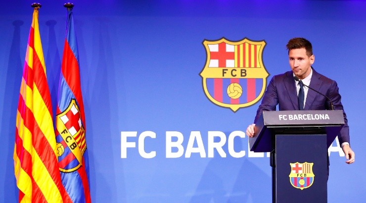 Lionel Messi faces the media during the Camp Nou press conference. (Getty)
