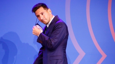 Lionel Messi during a press conference in Barcelona (Getty).