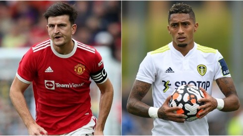 Harry Maguire of Manchester United (left) and Raphinha of Leeds (right). (Getty)