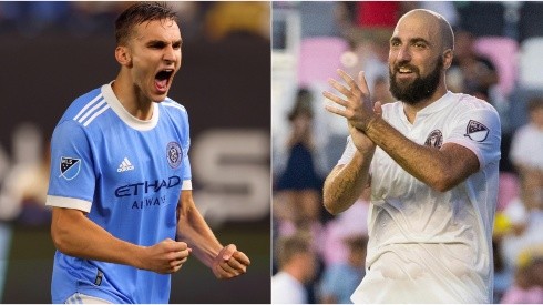 James Sands of New York City FC (left) and Gonzalo Higuain of Inter Miami (right). (Getty & Inter Miami @ Facebook)