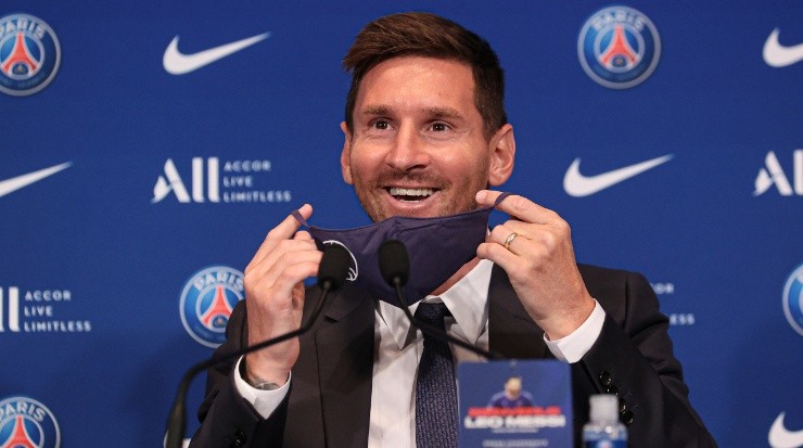 Lionel Messi during his first press conference as a PSG player. (Getty)