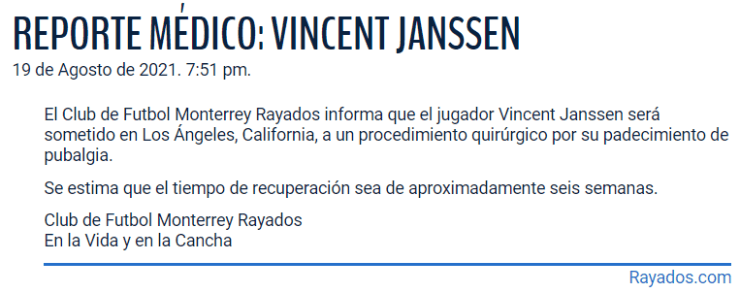 Reporte Médico de Monterrey por Janssen. (Rayados.com)