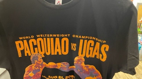 Así luce el frente de la camiseta promocional de Pacquiao vs Ugás