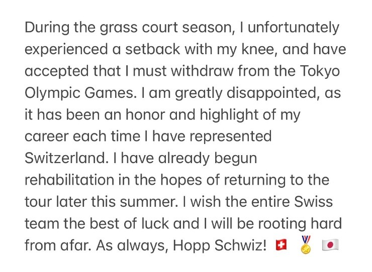 La carta de Federer anunciando la despedida de su temporada. Foto: Twitter oficial de Roger Federer.