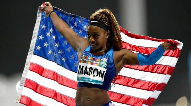 Brittni Mason celebrating her win in the 100m in 2019 Dubai World Para Athletics Championships. (Getty)