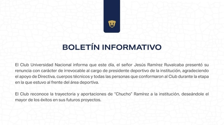 Así comunicó Pumas la renuncia de Ramírez. (@PumasMX)