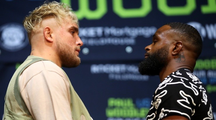 Jake Paul (left) and Tyron Woodley will step into the ring on Sunday, August 29, 2021. (Getty)