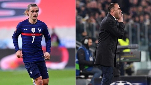 Antoine Griezmann of France (left) and Ivaylo Petev head coach of Bosnia and Herzegovina (right) (Getty)