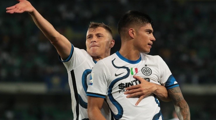 Joaquin Correa of FC Internazionale celebrates his first goal with his team-mate Nicolo Barella (Getty)