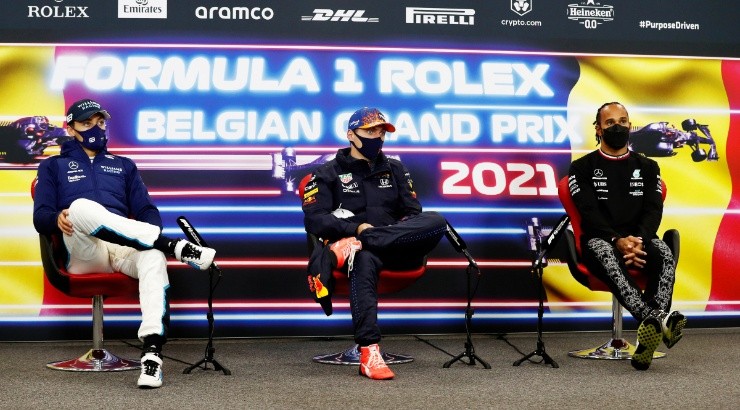 George Russell (left), Max Verstappen (center), and Lewis Hamilton (Right). (Getty)
