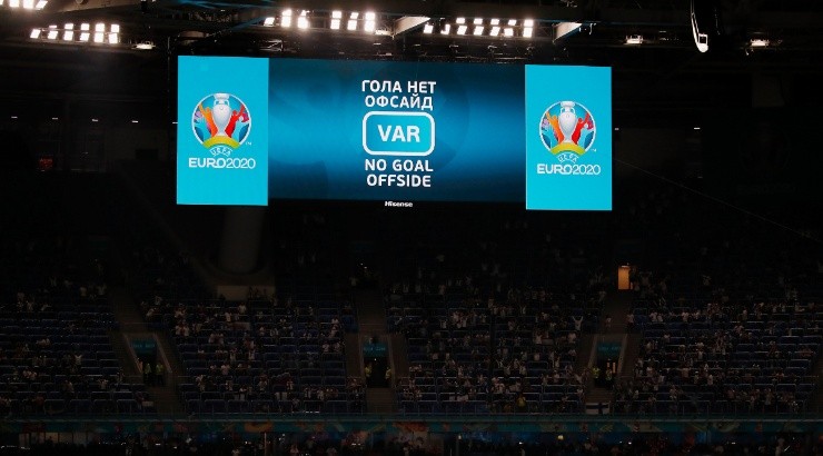 A general view inside a stadium as the LED screen shows a VAR check has been completed. (Getty)