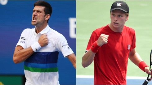 Novak Djokovic of Serbia (left) and Jenson Brooksby of the United States (right). (Getty)