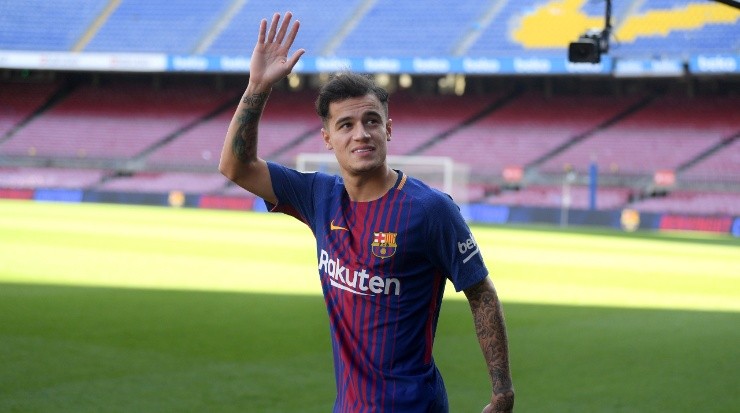 Philippe Coutinho during his presentation as Barcelona’s new signing in January 2018. (Getty)