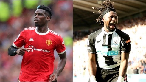 Paul Pogba of Manchester United (left) and Allan Saint-Maximin of Newcastle. (Getty)
