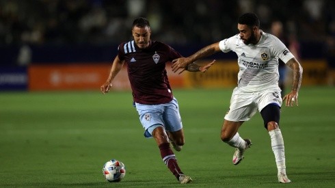 Andre Shinyashiki #9 of Colorado Rapids and Derrick Williams #3 of Los Angeles Galaxy in the second half at Dignity Health Sports Park on August 17, 2021 in Carson, California. (Getty)