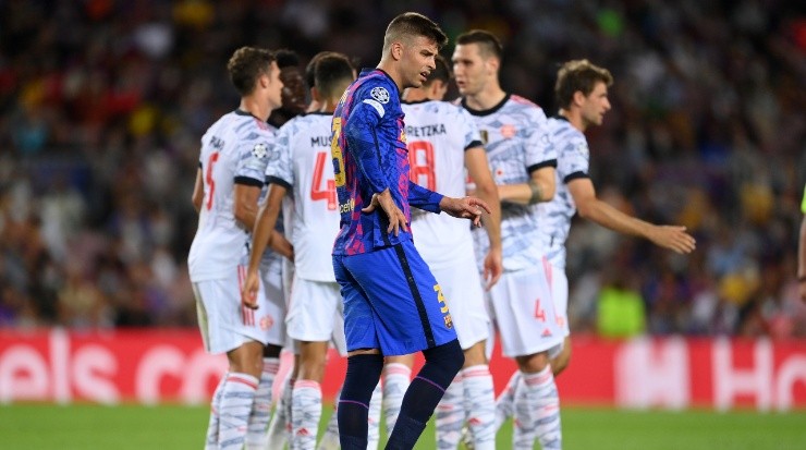 Gerard Piqué reacts after conceding for the first time against Bayern Munich in the Champions League Group E opener. The Catalan club have a long season ahead of them, now without star man Lionel Messi (Getty Images).