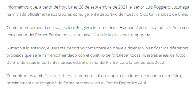 Universidad de Chile Comunicado