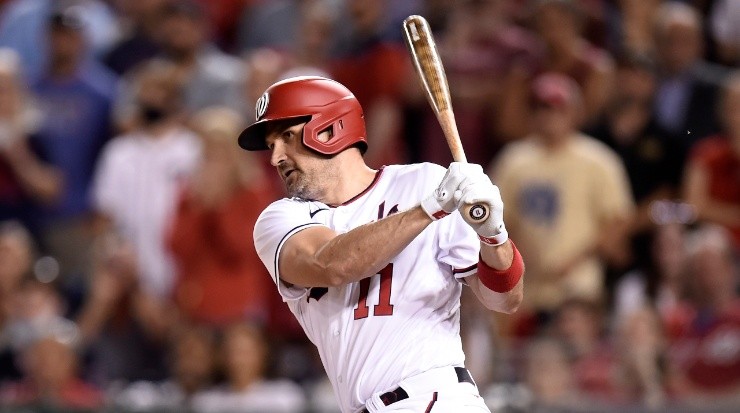 Ryan Zimmerman #11 of the Washington Nationals drives in two runs with a single in the seventh inning against the Philadelphia Phillies at Nationals Park on August 02, 2021 (Getty Images).