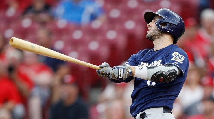Ryan Braun #8 of the Milwaukee Brewers hits a grand slam home run in the first inning against the Cincinnati Reds in 2019 (Getty Images).
