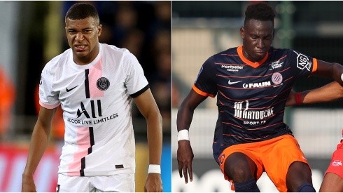 Kylian Mbappe of PSG (left) and  Ambroise Oyongo of Montpellier (right)