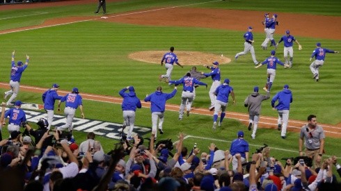 The Chicago Cubs celebrate after defeating the Cleveland Indians 8-7 in Game Seven of the 2016 World Series at Progressive Field on November 2, 2016 in Cleveland, Ohio. The Cubs win their first World Series in 108 years.