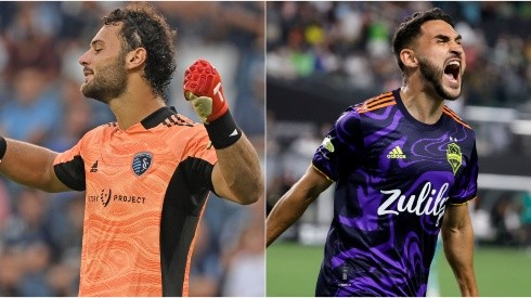 Grayson Barber of Sporting Kansas City (left) and Raul Ruidiaz of Seattle Sounders (right)