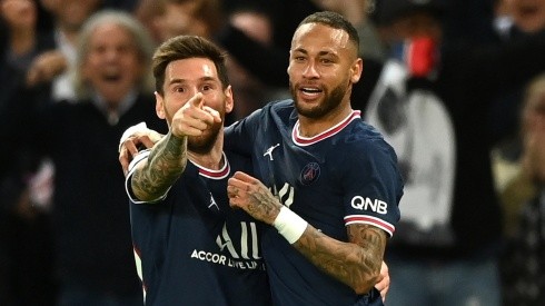 Lionel Messi and Neymar celebrating PSG's second goal against Manchester City.