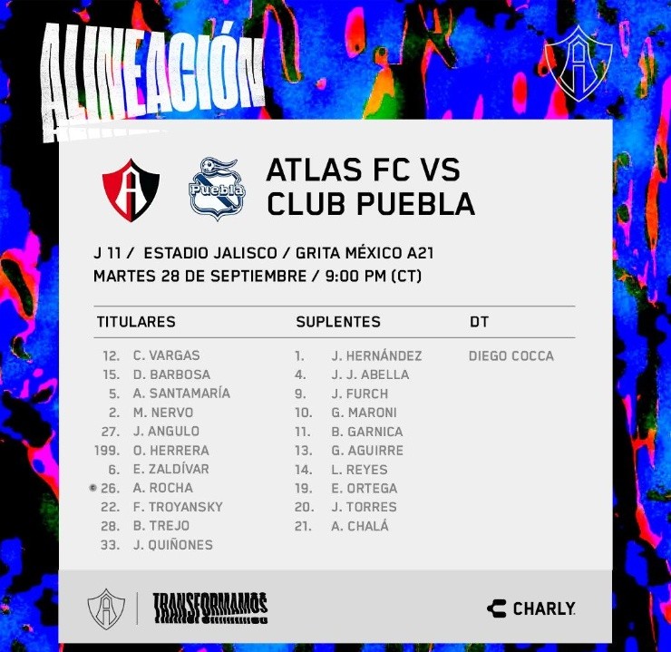 Alineación del Atlas vs. Puebla (@AtlasFC)