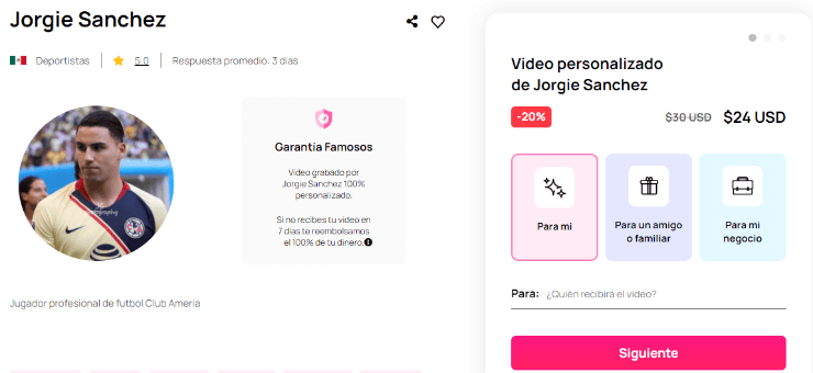 Jorge Sánchez vende su saludo en famosos.com