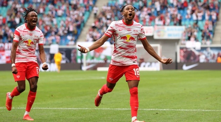 Christopher Nkunku of RB Leipzig celebrates after scoring their team&#039;s fifth goal with Mohamed Simak (Getty)