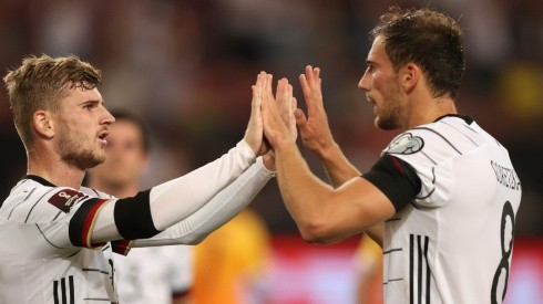 Timo Werner (left) of Germany celebrates with Leon Goretzka (right)